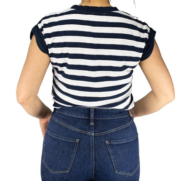 Tara Jarmon extended shoulder Navy blue/White striped Nautical T-shirt Size M - Picture 7 of 8